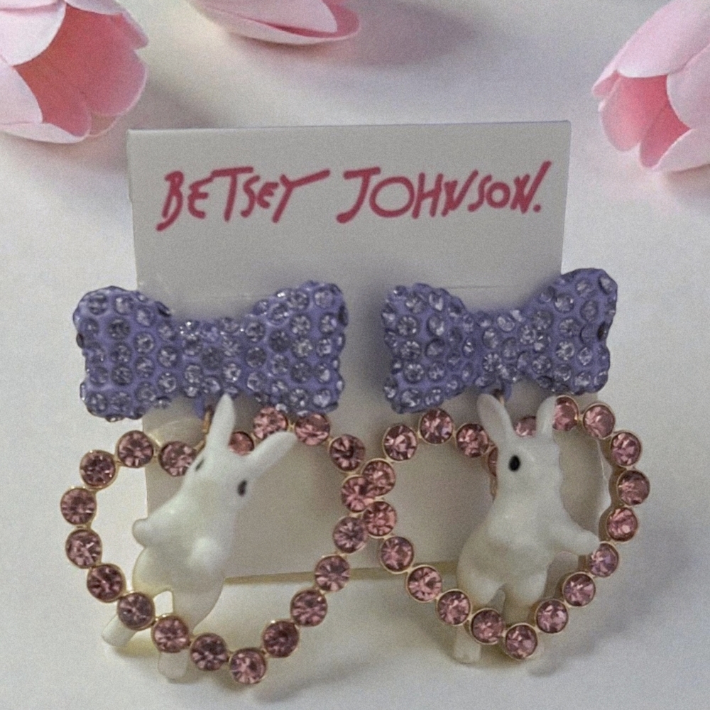 NEW Betsey Johnson Easter Bunny Bow Heart Earrings Pink Lavender Gold Tone NWT - Picture 6 of 7